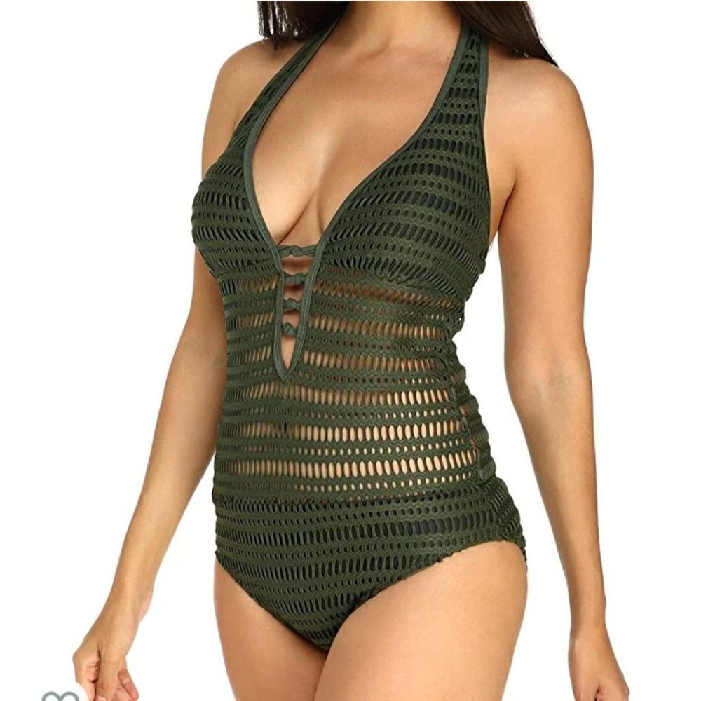 Green Mesh Open Crochet Halter Top One Piece Swim Suit Size S